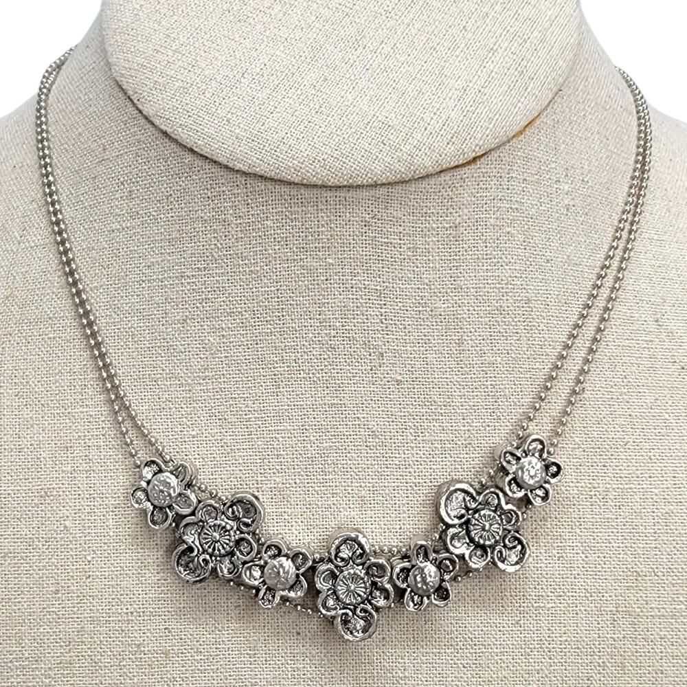 Silver Tone Floral Bib Necklace Double Strand Ball Chain Flower Choker SD Tag